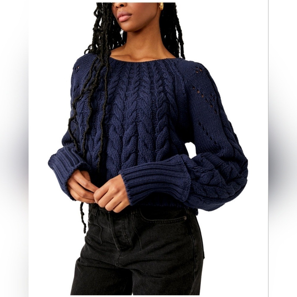 Free People Sandre Pullover Sweater Size M Blue Chunky Knit Slouchy Casual Chic